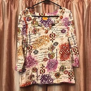 Ruby Rd White Cream Printed Beaded Top Blouse Size XL